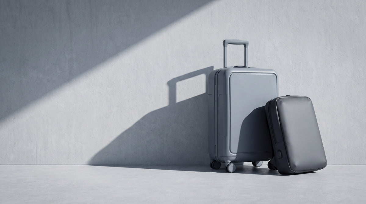 A slate grey carry-on suitcase and a backpack against a concrete wall
